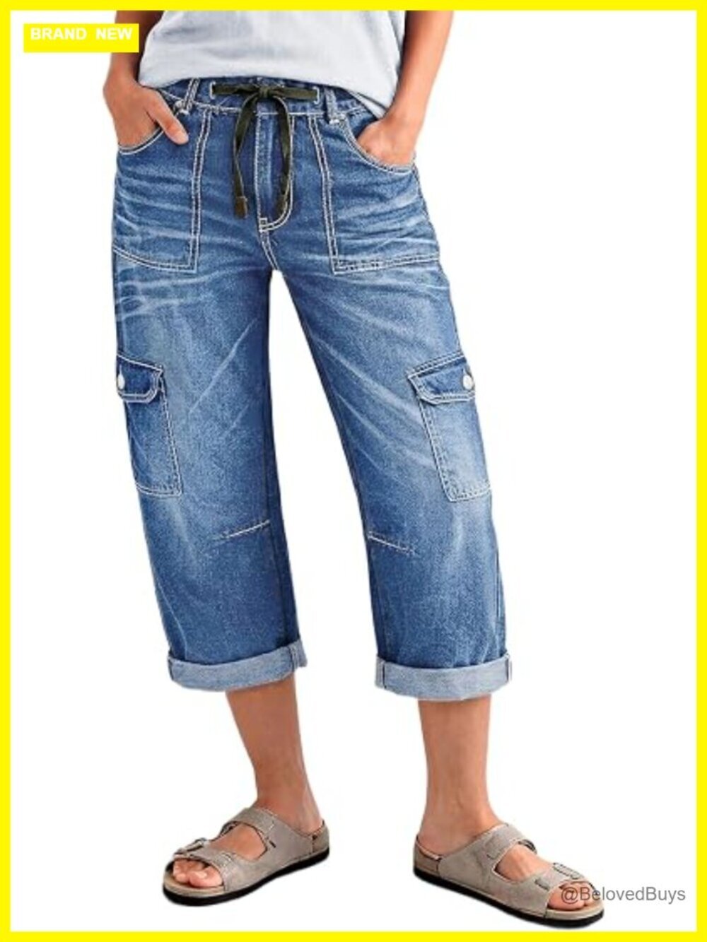 High Rise Drawstring Barrel Leg Cropped Jeans with Flap Pockets